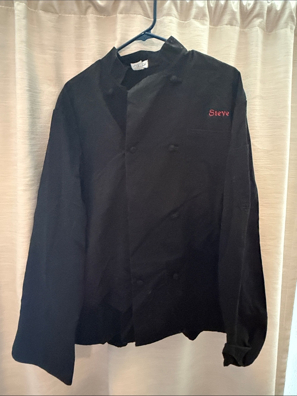 Men's Black Chef Coat with Red Embroidered “Steve” - Size Large